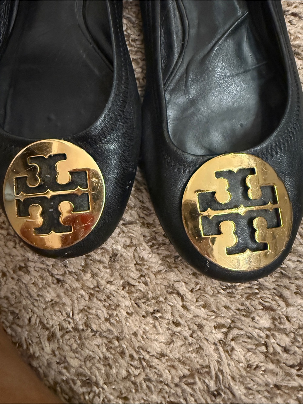 Tory Burch Black Leather Logo Round-Toe Flats with Gold Emblem - Picture 2 of 4
